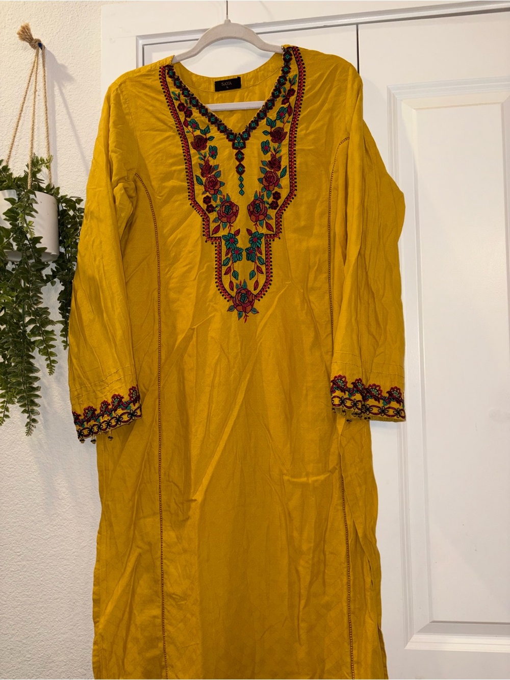 Embroidered Yellow Maxi Kurta with Floral Neckline